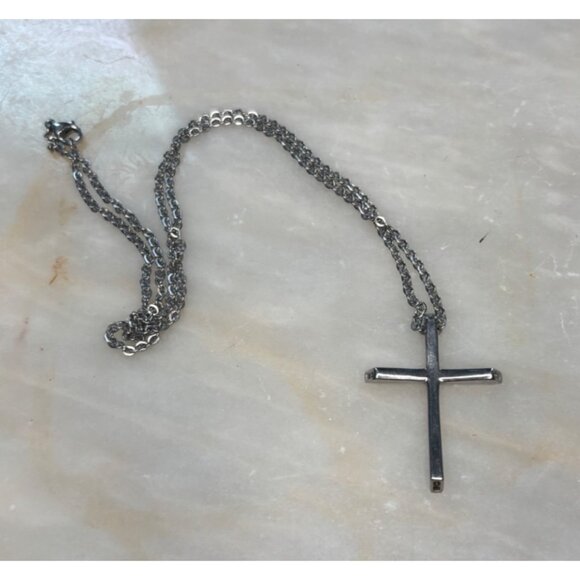 Stamped Chisel Sterling Silver Cross Pendant Necklace - Picture 4 of 12